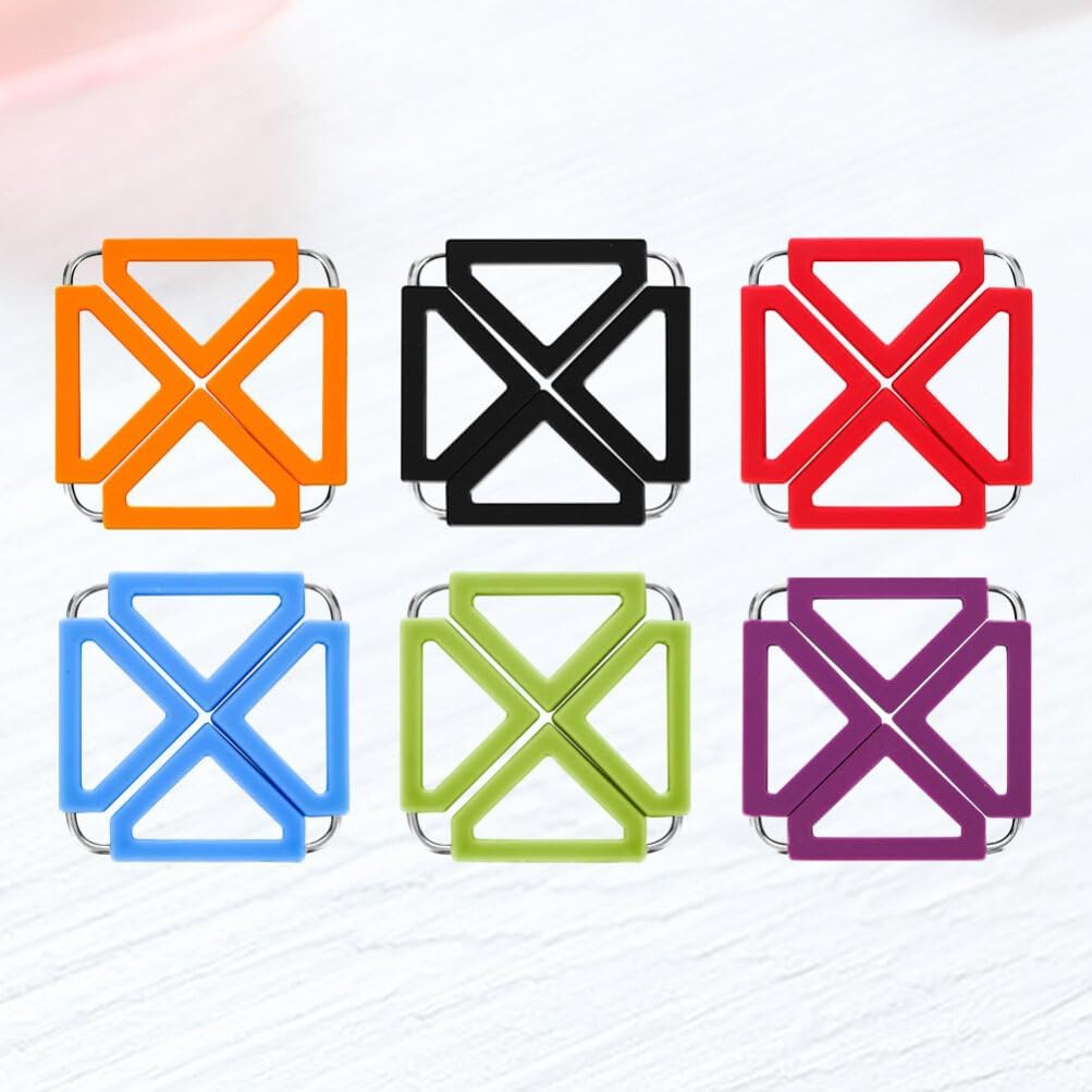 6pcs Foldable Table Pad Heat Resistant Silicone Stainless Steel Hot Pot Holder Non-Slip Square Bowl Mat for Countertops Mixed Color Coasters for Safe Cooking