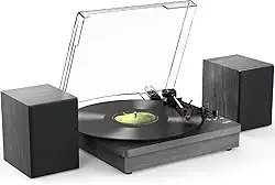 VEDO Toca-Discos Retro : Giradiscos 3 Velocidades (33/45/78 RPM) para Vinil com Bluetooth, Alto-Falantes Estéreo, Conversor LP/MP3 via USB - Madeira Elegante Preta | Presente para Colecionadores