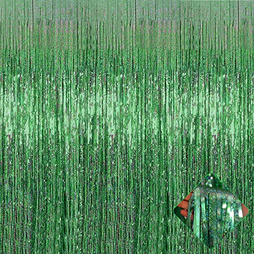 Image of 4 Pack 3.2Ft x 8.2Ft Light Green Foil Fringe Curtain Backdrop, Metallic Tinsel Foil Fringe Streamers Curtains for Photo Booth, Birthday, Wedding, Disco, Bachelorette, Christmas Party Decoration