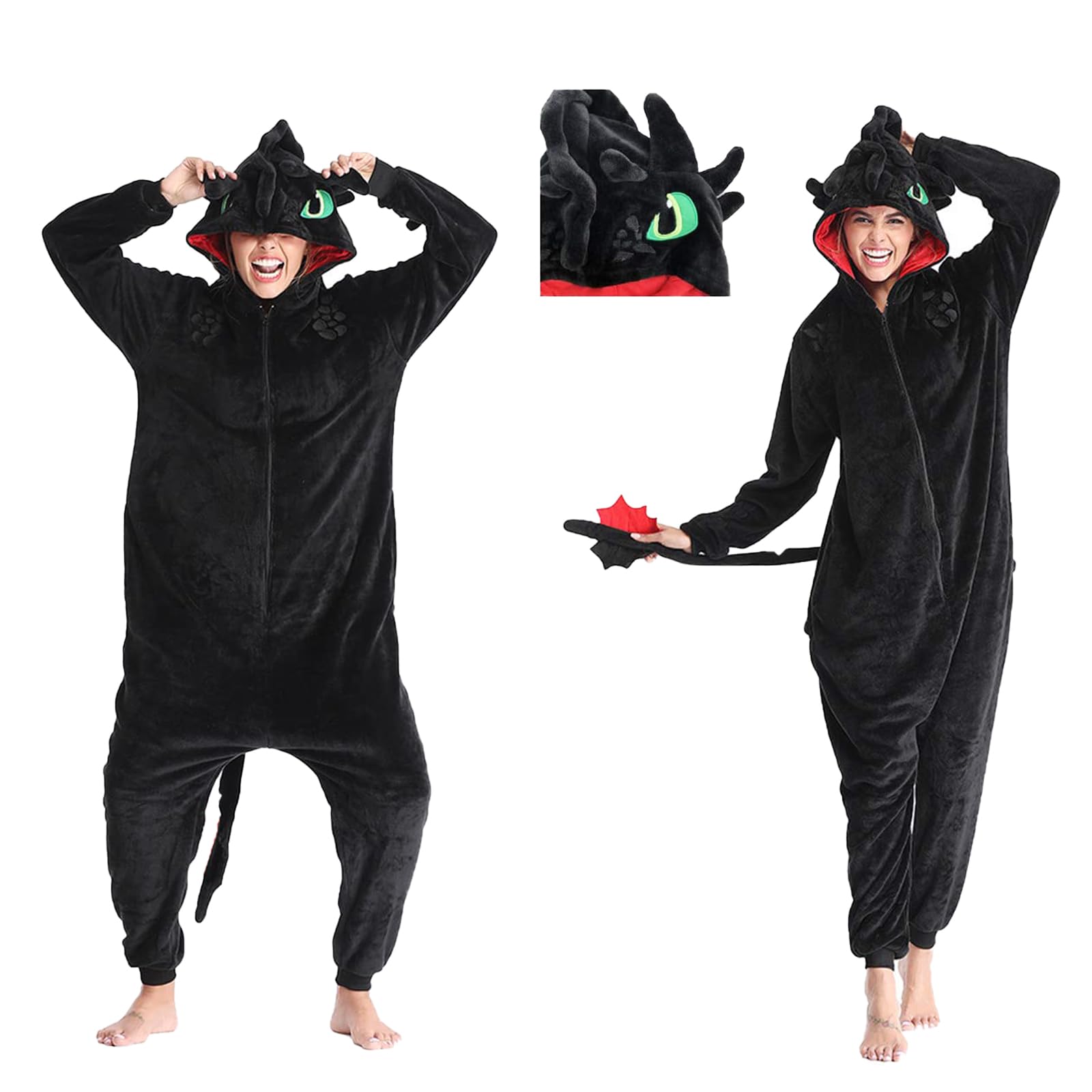 Generisch Dragon Costume Toothless Onesie for Unisex Adult Halloween Cosplay Black