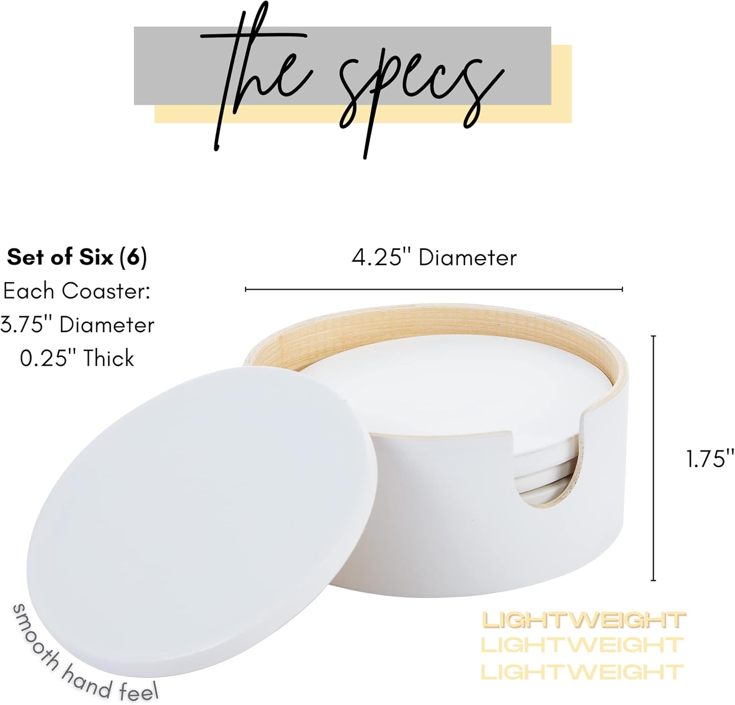 HABITAS Spun Bamboo Coaster Set - 6 White Round Coasters with Holder for Coffee Table - Modern, Sustainable, Handmade Bamboo Drink Coasters