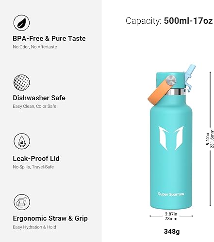 Miniatura 71 de Super Sparrow Botella de Agua Aislada - 17 Oz / 25 Oz / 34 Oz - Frasco FlipFlow de Boca Estándar - Libre de BPA, Botella a Prueba de Fugas - azul