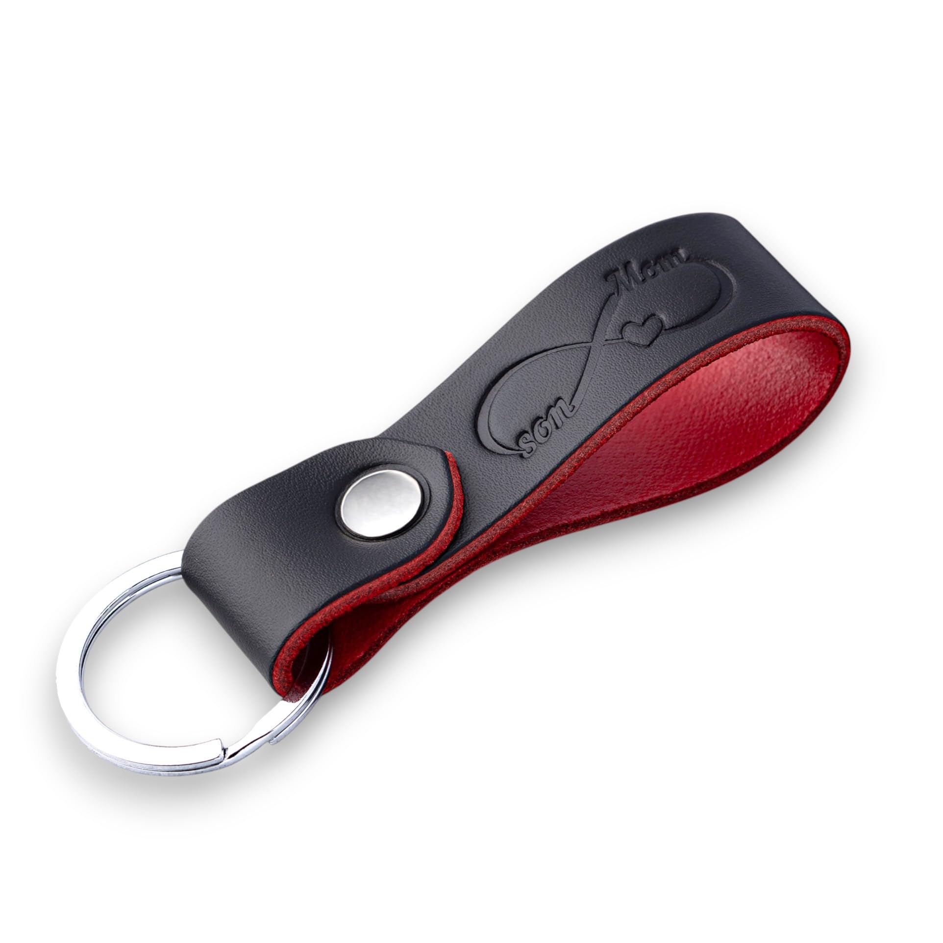 MAGOR Full Grain Leather Keyring, Elegant Black Key Ring with Red Interior, Car and Home Keychain, Hot Embossed Design, Personalised Premium Gift for Him or Her (Infinity Mom Son)