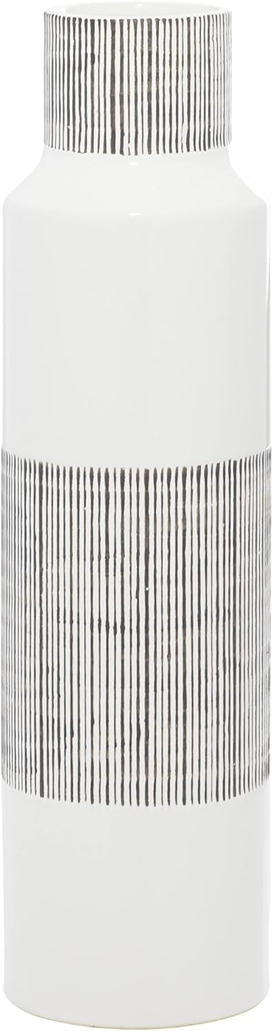 CosmoLiving by Cosmopolitan Ceramic Vase with Grey Striped Accents, 6" x 6" x 22", White