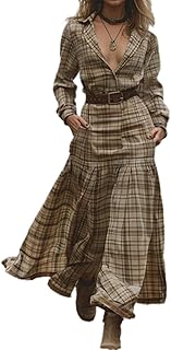 XUSAI Women's Long Checked Long Sleeve V-Neck Vintage Country Autumn Dress Western Cowgirl Maxi Dress