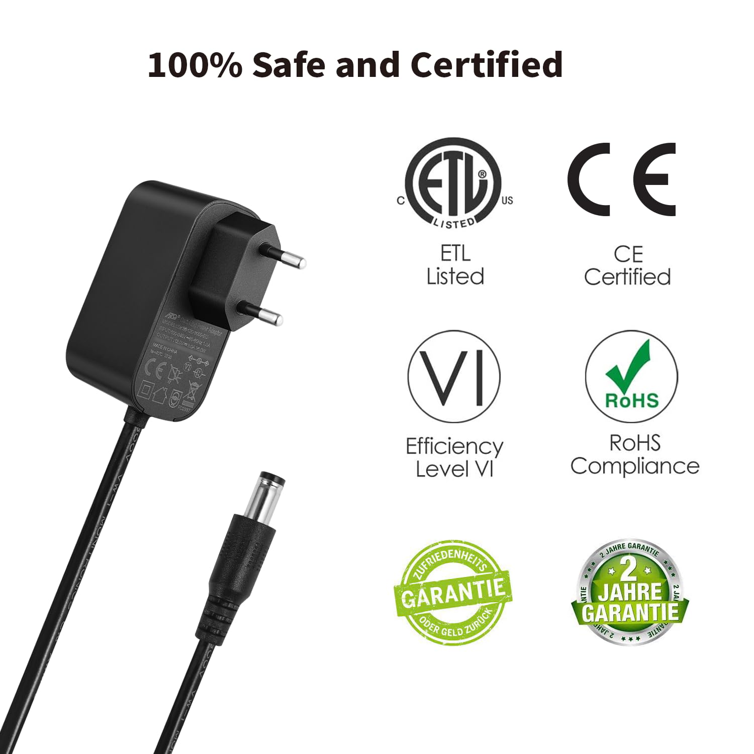 Lonnky Adattatore 12V 3A con Cavo da 1,8 M, Alimentatore DC 5,5 mm x 2,1 mm, Ideale per Strisce LED, Telecamere di Sorveglianza, Router