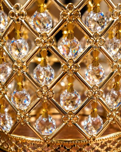 Image of Homesake Moroccan Crystal Hanging Pendant Light, Vintage Metal Jali Ceiling Lamp, Bulb Included for Living Room, Bedroom & Balcony, Warm Ceiling Light, Gold Round