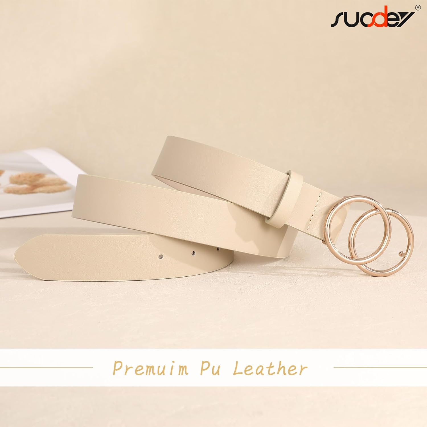 SUOSDEY Women Leather Belt Fashion Double O-Ring Soft Faux Leather Waist Belts For Jeans Dress - Image 4