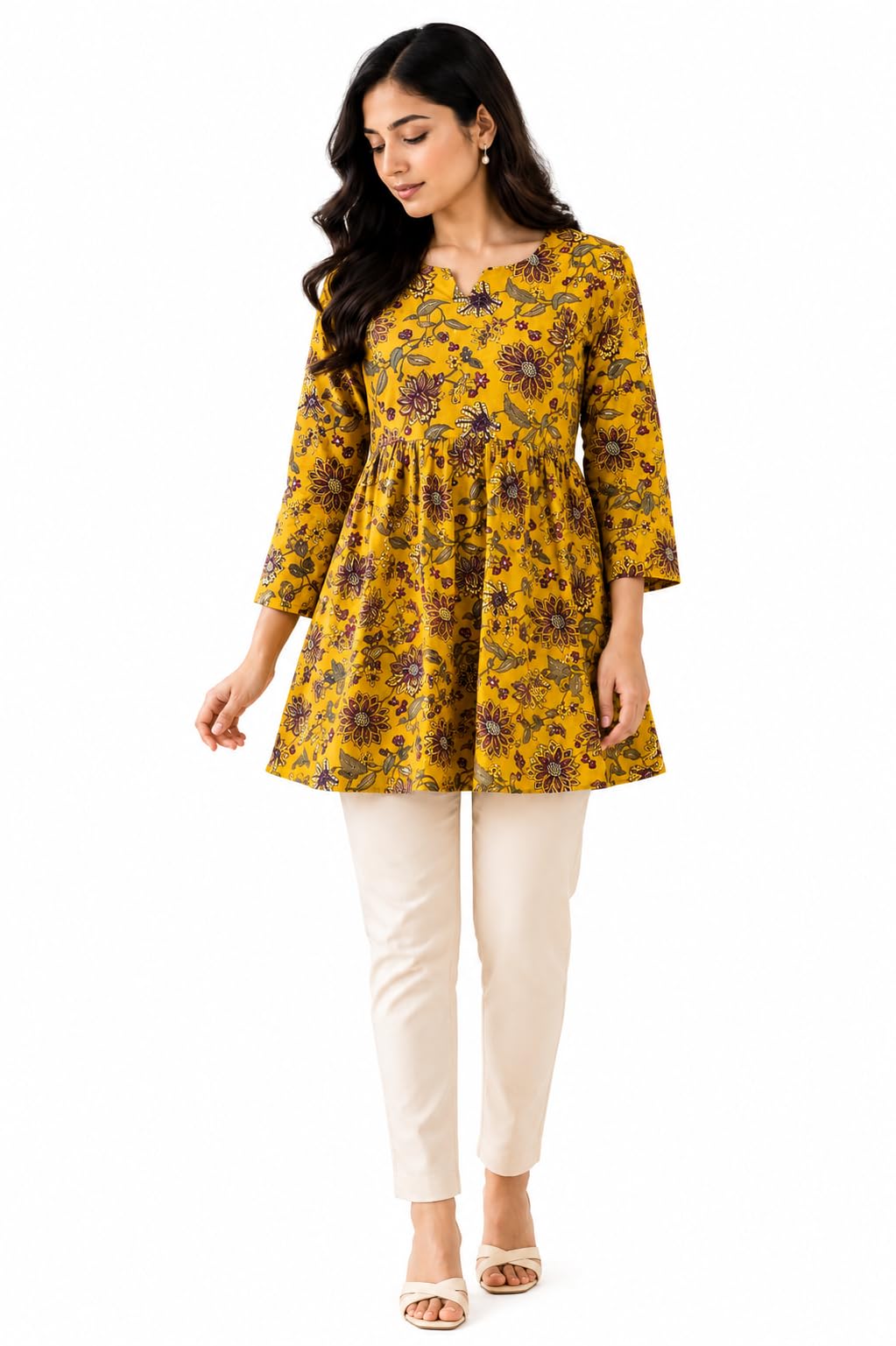 Women's Cotton Cambric Printed Frock Style Kurti | Floral Print | 3/4 Sleeves | Flared Tunic Top | Casual, Office-image-12