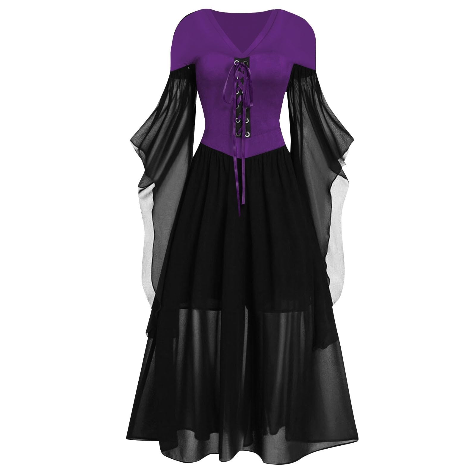 Gothic Kleid Damen Mit Spitze & Trompetenärmeln – Hexenkostüm Für Halloween, Karneval, Mittelalter