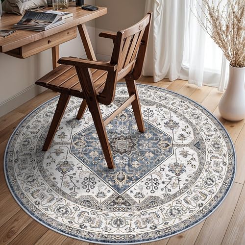 Living Room 4round Area Rugs - Boho Rugs for Living Room Stain Resistant Carpet Vintage Tribal Rugs for Bedroom Kitchen Bathroom with Non Slip Backing Home Decor Floor Decoration Mat 4ft Navy