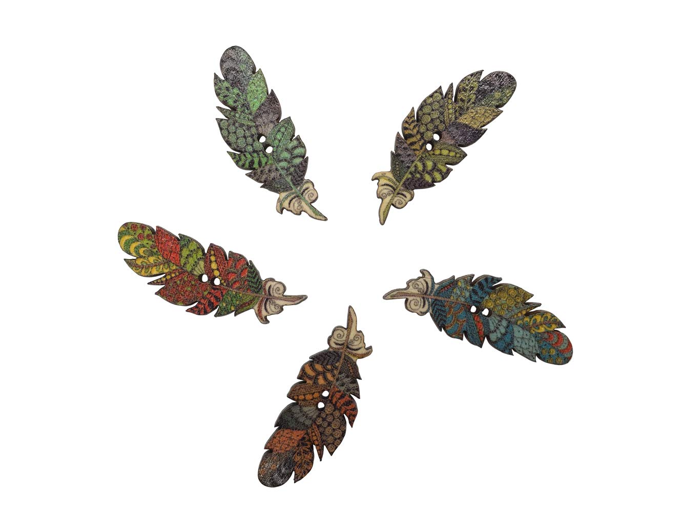 Wooden Buttons,Creative Novelty Handmade with Love Sewing Buttons,Fashion Round 2 Holes Scrapbooking DIY Decor Craft,Heart Shapes Pattern,50 Pack 40MM (Multi-Feather)