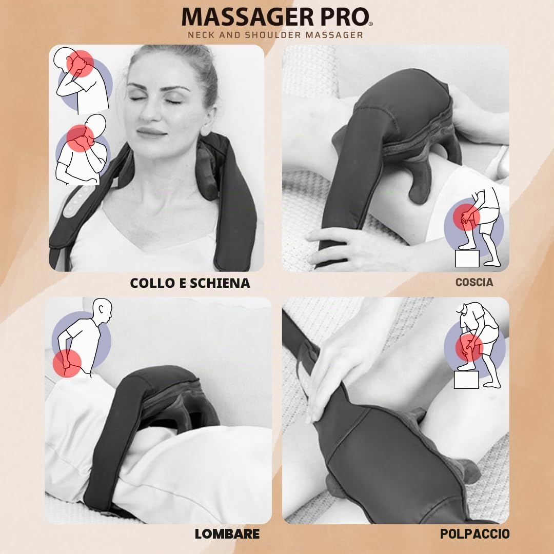 MASSAGER PRO - Massaggiatore Cervicale Shiatsu con Calore – Massaggiatore Elettrico per Collo, Spalle e Schiena – 3 Intensità Regolabili – Ideale per Ufficio, Casa e Auto