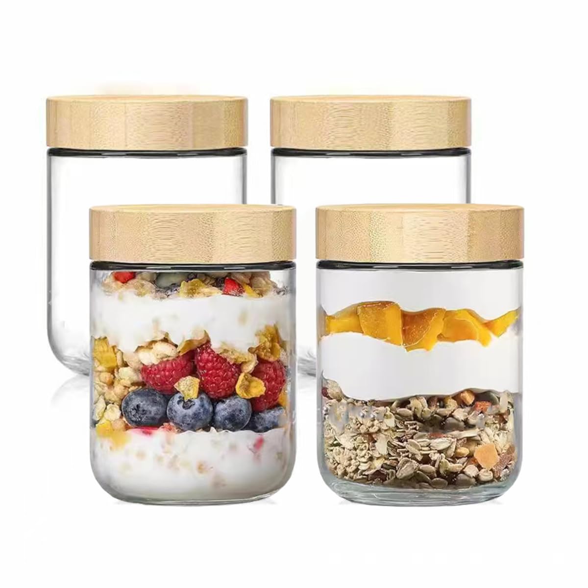 Hylruu 4-pack 16 oz Overnight Oats Containers with Bamboo Lids, Glass jars with Airtight Lids, Wide mouth Mason Salad jars, Glass Food Storage Containers for Snacks Yogurt Spice Sugar pots