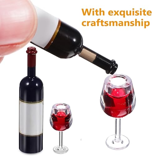 Miniatura 4 de NUOBESTY Botella de vino en miniatura y copas de vino tinto, copas de copa de copa de decoración de casa de muñecas, botellas de bebida en