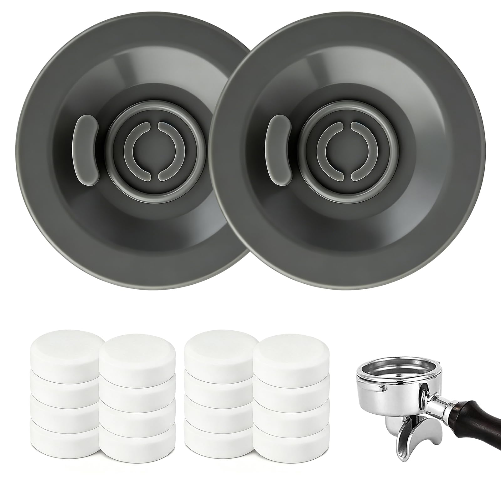 Espresso Backflush Cleaning Disc, 2 Pcs Espresso Cleaning Discs with 16 Tablets Universal Silicone Coffee Machine Handle Cleanings for Machin Deep Reusable 54mm Grey