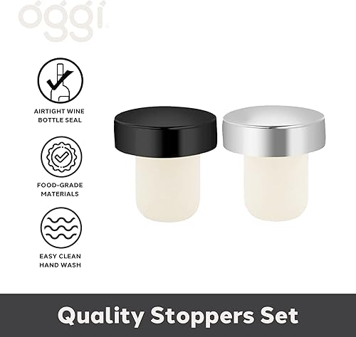 Miniatura 2 de OGGI Corchos de vino en forma de T, juego de 2 piezas, reutilizables y de perfil bajo para botellas de vino y cerveza, bricolaje (negro, plateado)