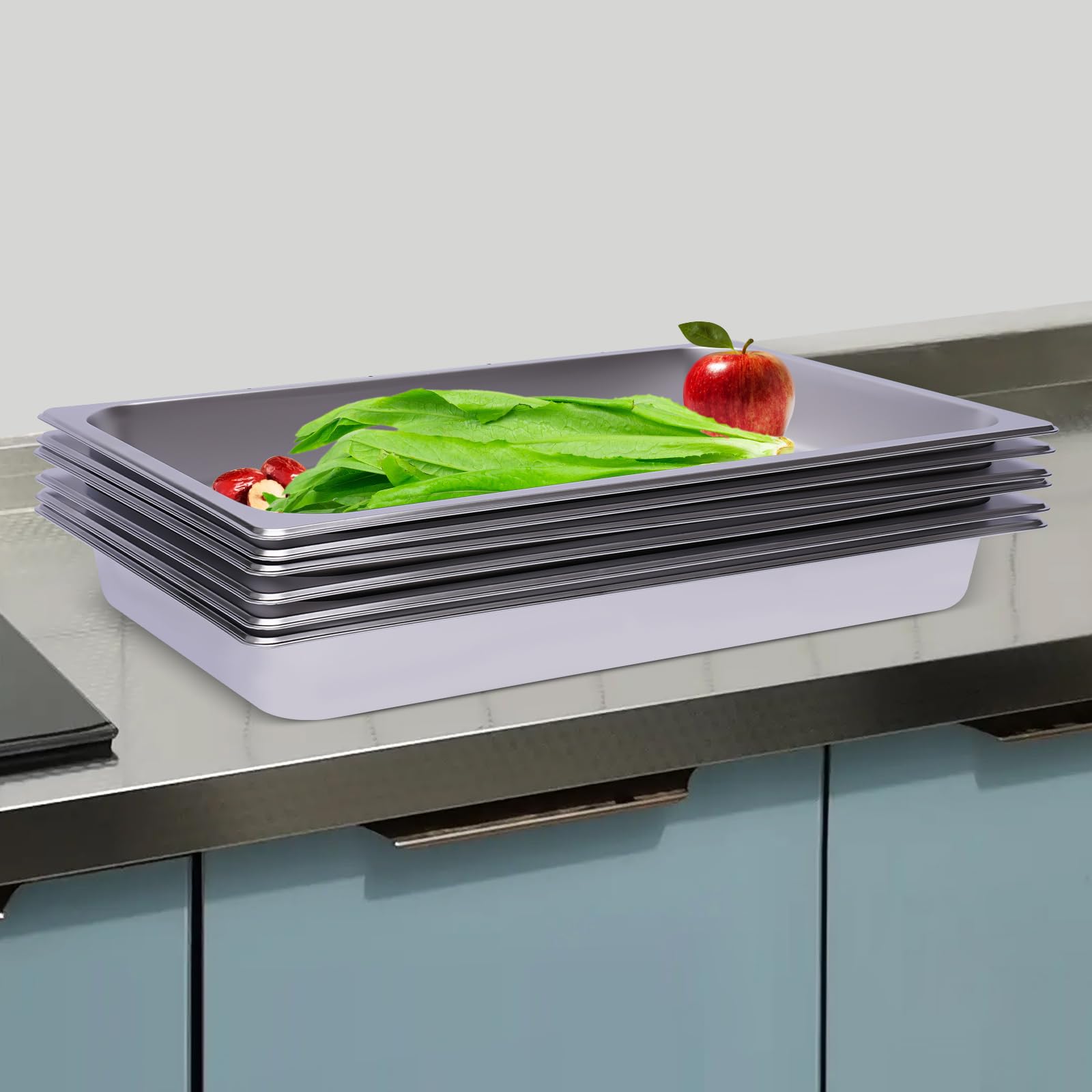Set di 6 vassoi per alimenti GN 1/1 in acciaio inox, 53 × 33 × 6 cm, 0,7 mm, piatto da forno, contenitore per gastronormo impilabile per buffet, ristorante, cantina