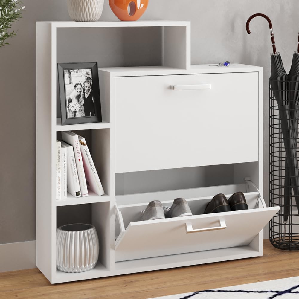 Vicco Zapatera abatible Orlando, Blanco, 24.5 x 90 cm, con dos estantes plegables para un almacenamiento de zapatos que ahorra espacio