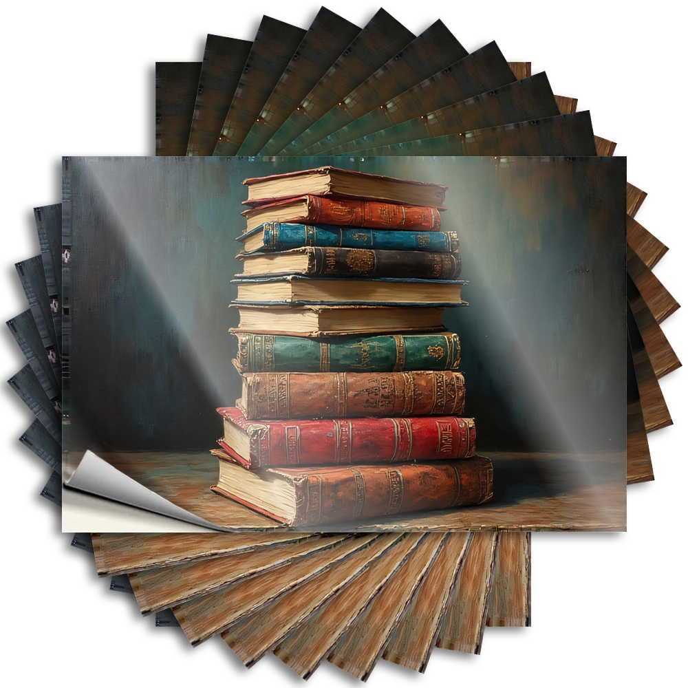 Stack of Vintage Books On Wooden Table Kitchen Accessories Decor Aesthetic - Decal Helmet Waterproof Decal(8X12CM)