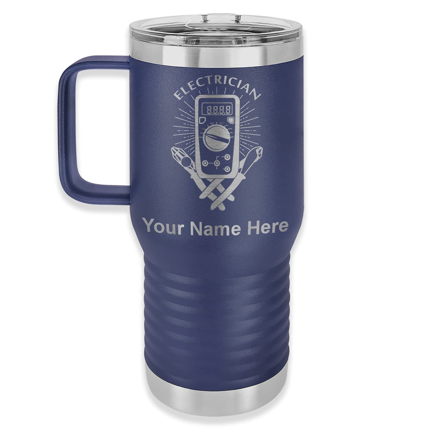 LaserGram 20oz Vacuum Insulated Travel Mug with Handle, Electrician, Personalized Engraving Included (Navy Blue)