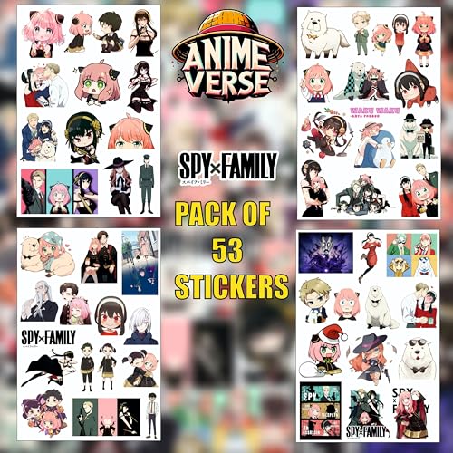 Image of AnimeVerse Pack of 53 Spy x Family Anime Stickers for Laptop, Phone, Guitar, Bike, PC, | Waterproof Glossy Vinyl Decals | Residue-Free Anime Stickers Collection (Spy X Family)