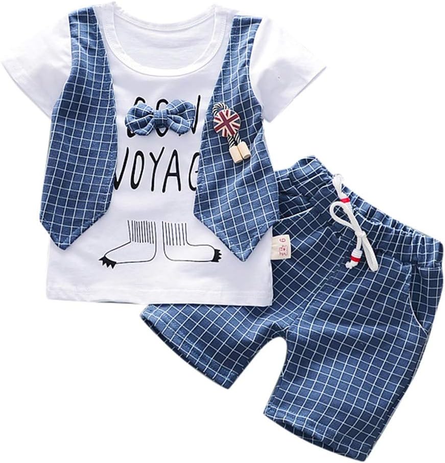 2Piece Toddler Baby Boy Gentleman Suit, Rose Print Short Sleeve T-Shirt Shorts Pants 18M-6Y,Fashion Style Outfit Set (Blue, 12-18Months)