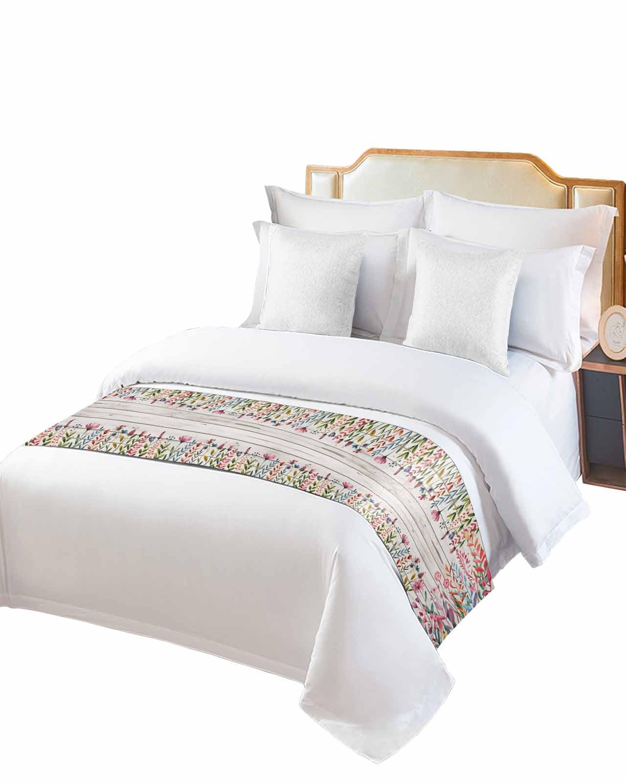 Twin Bed Runner Farm Watercolor Leaves Flower Bedding Runner Scarves Decorative Bed Scarf, Vintage White Wood Grain Soft Bedding Scarf for Bedroom Hotel Wedding 94x20in