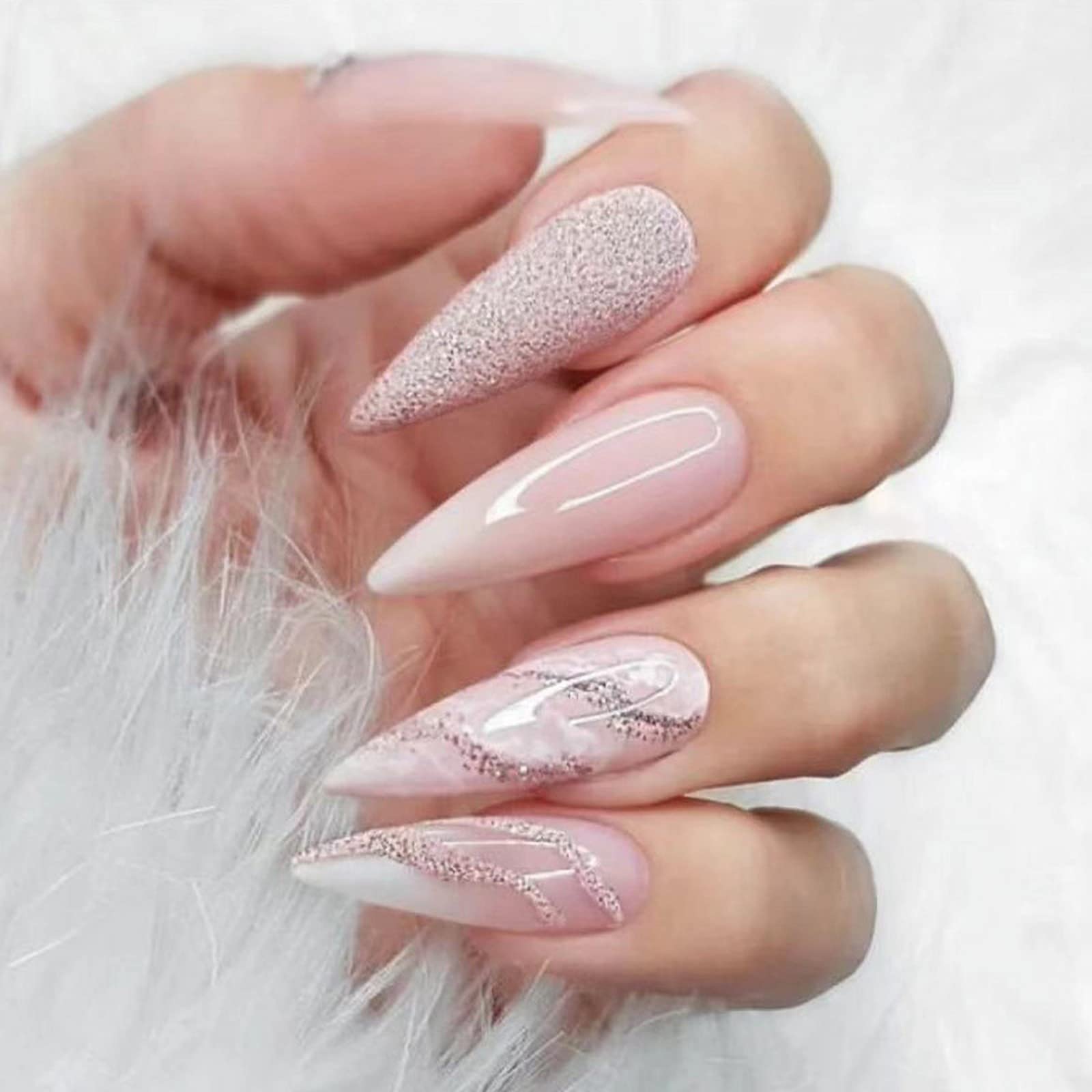 IMSOHOT24Pcs Almond Press on Nails Long Glossy Stiletto Fake Nails Glitter Pink Nude Glue on Nails Full Cover False Nails for Women