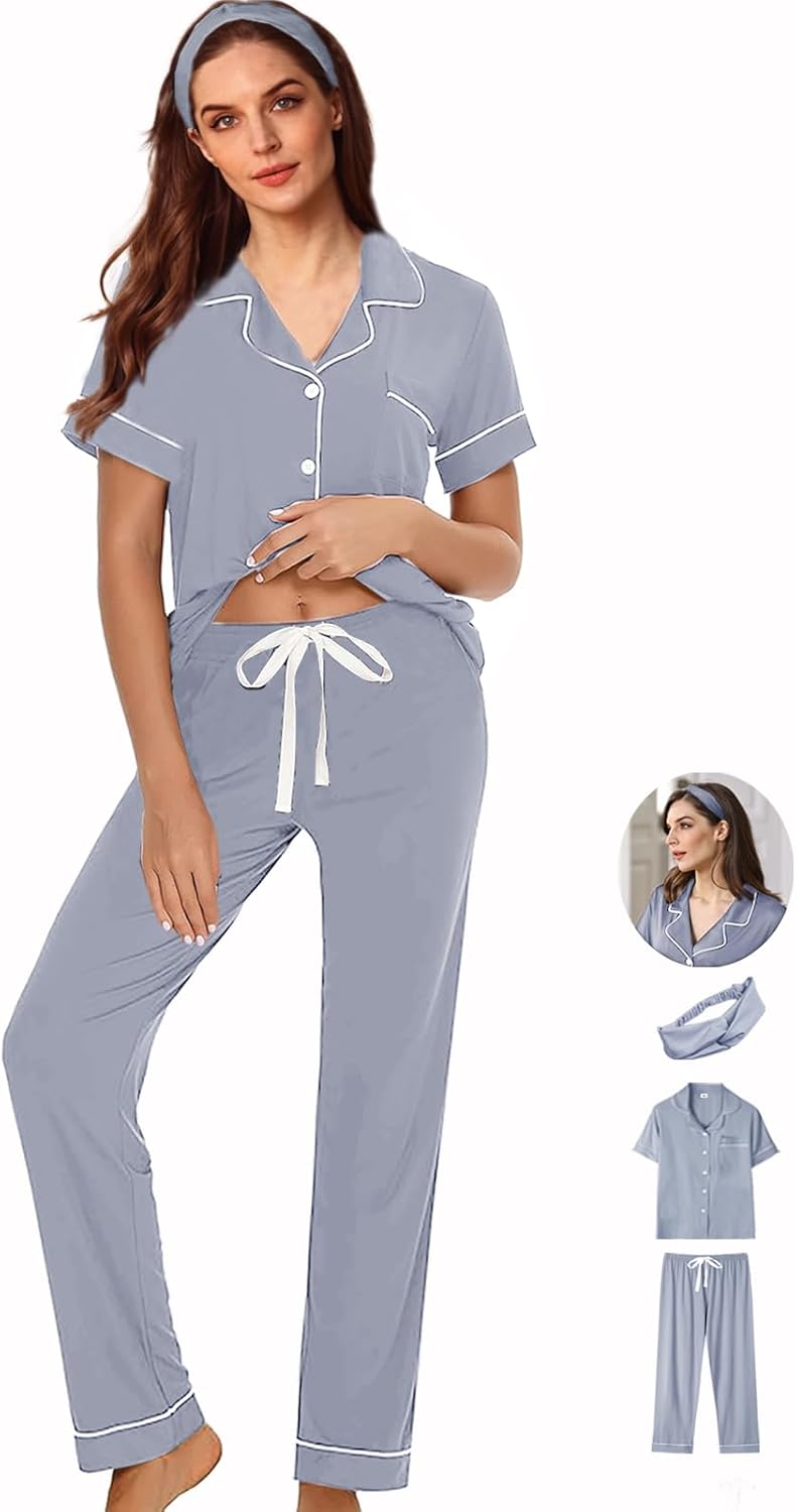 3Pcs Soft Pajama Sets For Women XS-XXL Womens Pajamas Set Sleepwear Button Down Short Sleeve Long Pants Pj sets 3Pcs Soft Pajama Sets For Women XS-XXL Womens Pajamas Set Sleepwear Button Down Short Sleeve Long Pants Pj sets