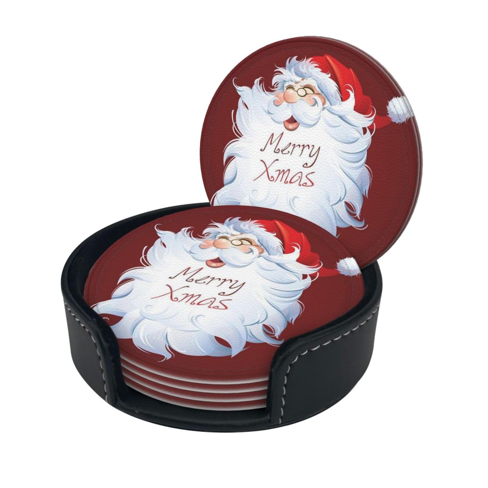 Lklddpzb White Xmas Day Print Round Leather Coasters - Set Of 6, Ultra-Fiber Pu Leather