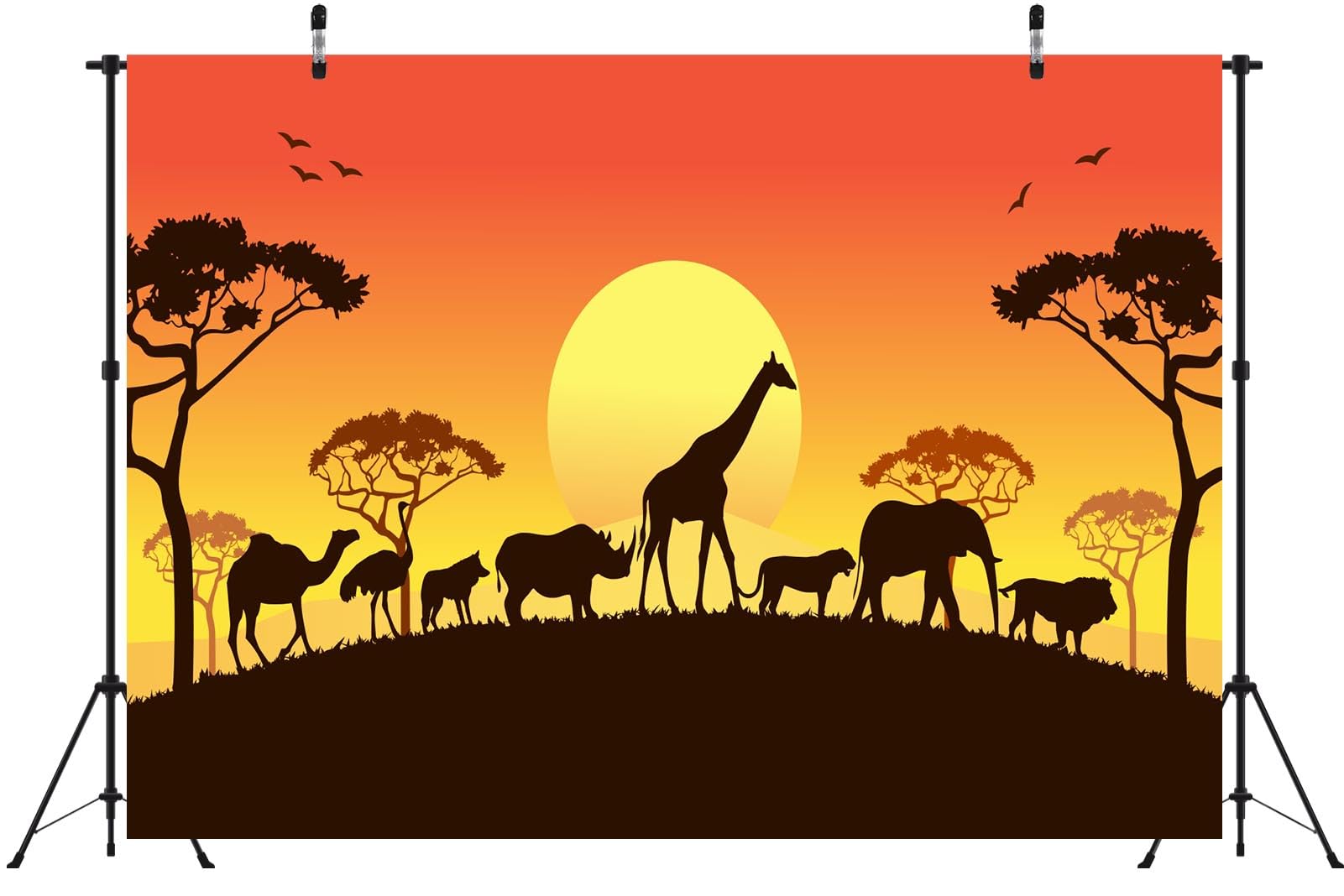 BELECO 3.6x3m Sfondo in tessuto Safari africano | Silhouette animali selvatici africani leone elefante giraffa tramonto sfondo safari decorazione festa foto