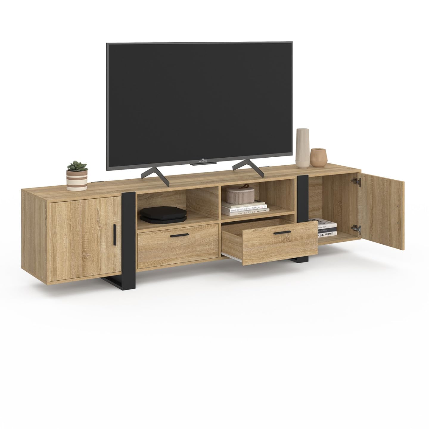 IDMarket - Meuble TV 200 cm Phoenix 2 Portes 2 tiroirs Bois et Noir