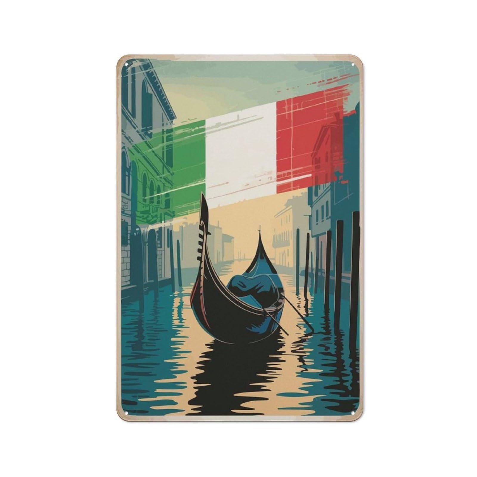 Junmoney Venice Gondola Italian Flag Art Decorative Tin Sign With Design 30X20cm, Nostalgic Old Style Wall Plaque For Living Room, Hallway, Kitchen Or Cafe