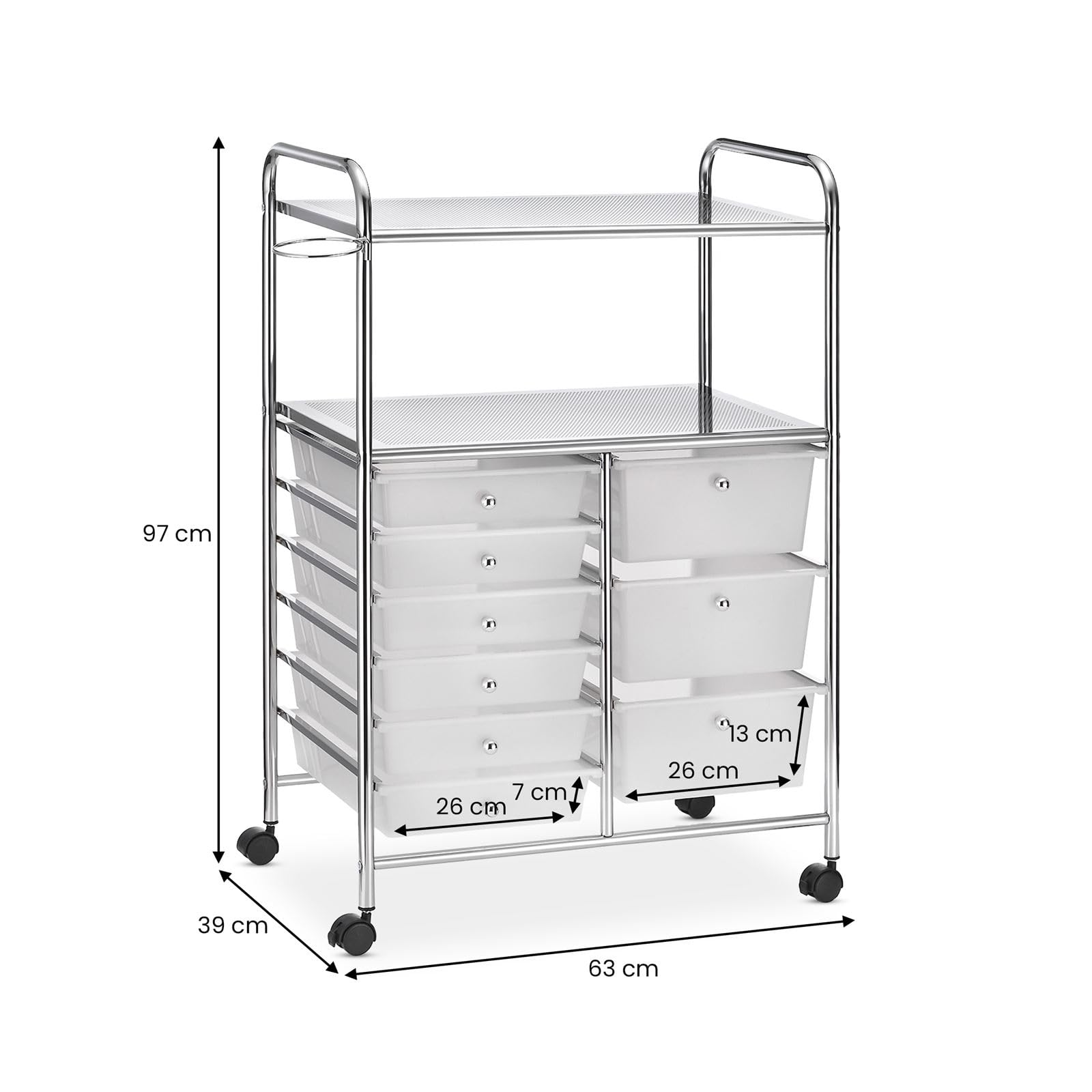 IDIMEX Caisson sur roulettes Marita Chariot avec 9 tiroirs en Plastique Blanc Transparent et 2 étagères avec Anneau Porte sèche Cheveux, Meuble de Rangement pour Salle de Bain en métal chromé