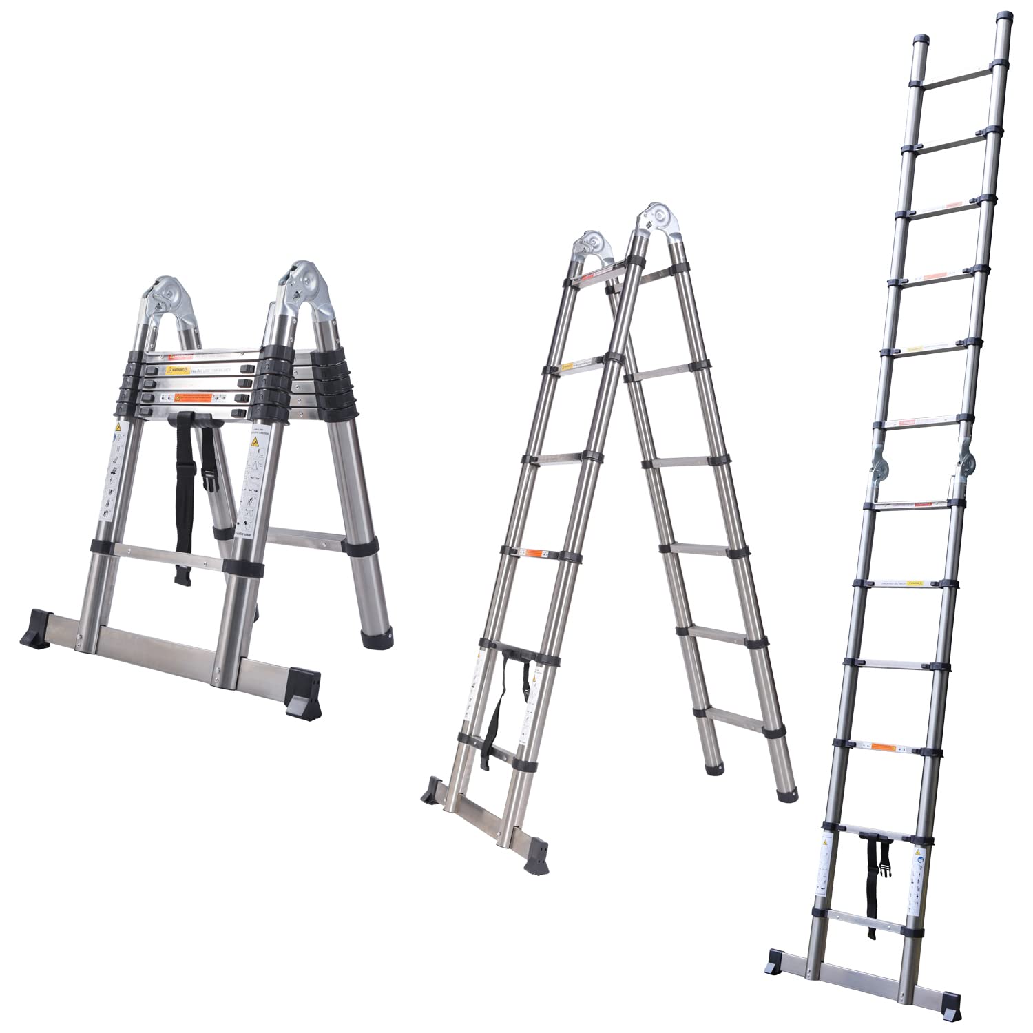 Wysuwana drabina 3,8 m, rama A (1,9 + 1,9 m), drabina składana, ze stali nierdzewnej, przenośna, wielofunkcyjna drabina loft, nośność 150 kg, do domu, biura, dla majsterkowiczów, pracowników budowlanych, wewnątrz i na zewnątrz