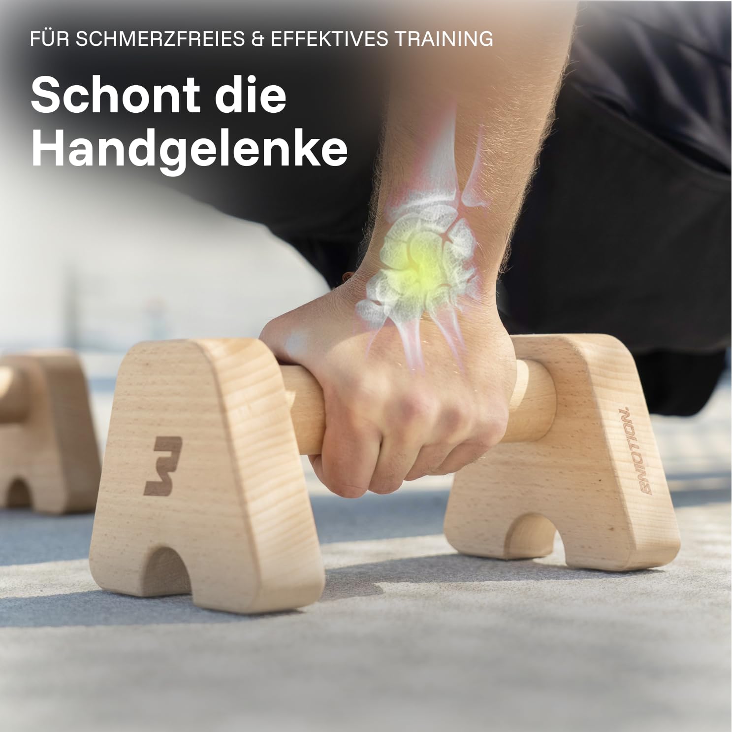 BMOTION Liegestützgriffe Holz, Parallettes Calisthenics aus Buchenholz, rutschfeste Push Up Bars und Handstand Griffe, gelenkschonend bis 300 kg, inkl. Transportband, Indoor und Outdoor