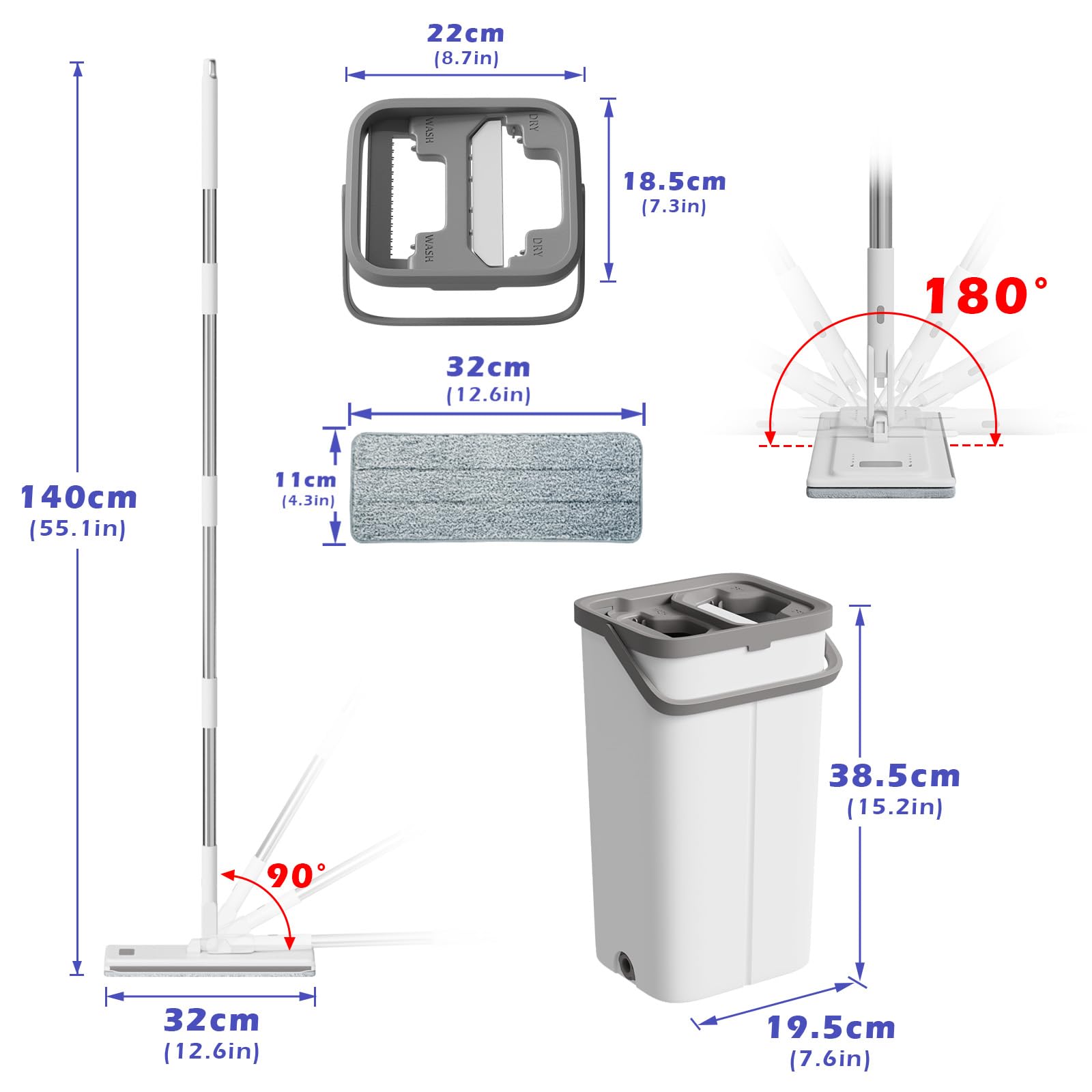 Mopa Fregona con Cubo Escurridor, Juego de Fregona y Cubo, Mopas de Limpieza Suelos con 5 Almohadillas, Mopa Plana Microfibra con Función Escurridor para Madera Dura Laminado, Blanco