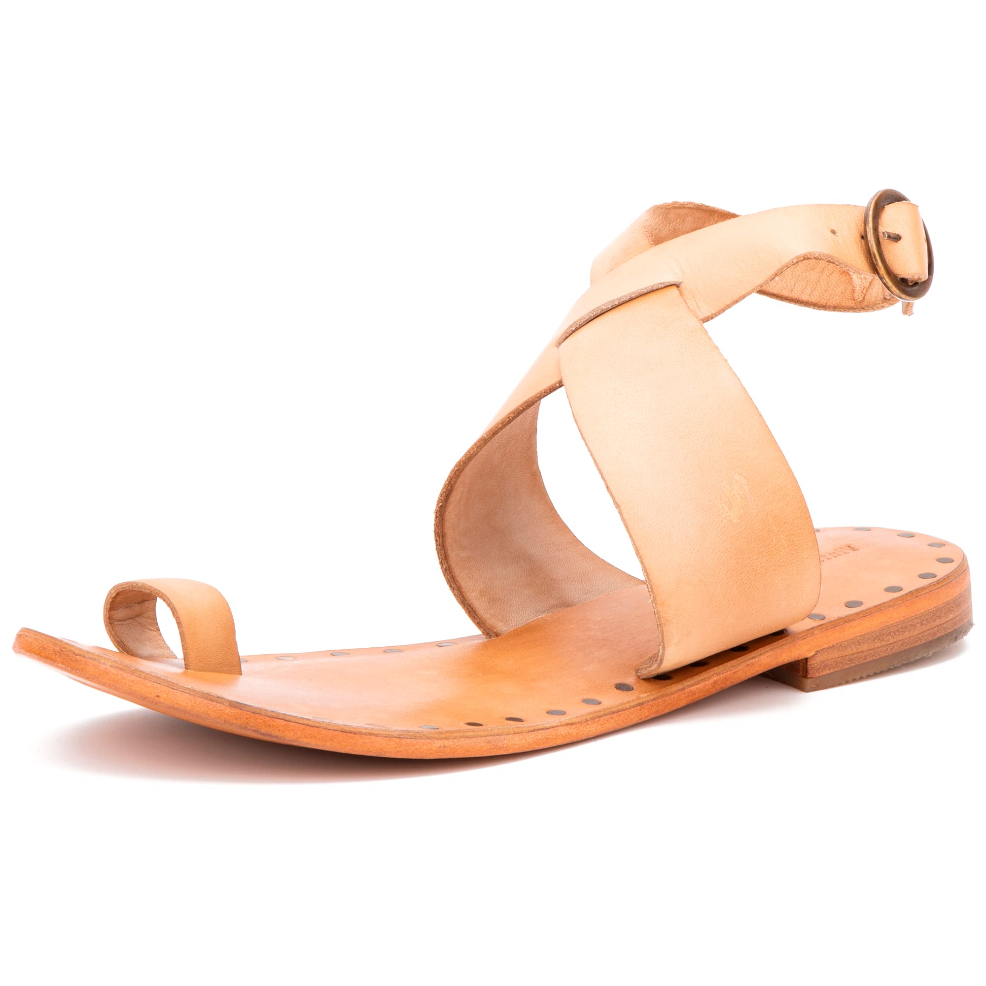 Vintage Foundry Co. Women's Geneva Slingback Ankle Strap Strappy Toe Ring Wrap Flats Sandals, Round Open Toe, Leather Outsole, Camel/Sandy Brown, 7