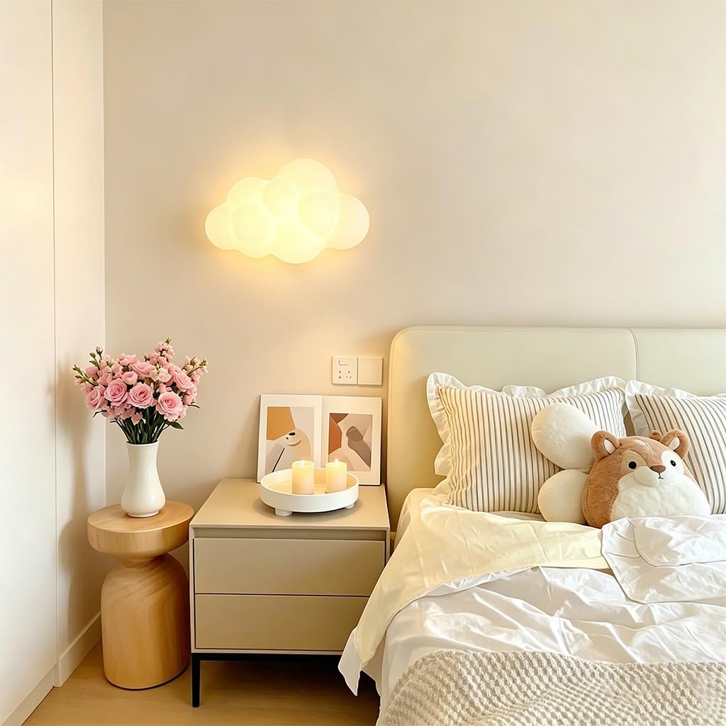 LED Wandleuchte Für Das Bett 3D Wolken Wandlampe Kinderzimmer Mit Cremeweißem PE Schirm 3 Stufig Einstellbare Lichtfarbe Geeignet Für Schlafzimmer Wohnzimmer Babyzimmer Flur Deckenmontage(groß)