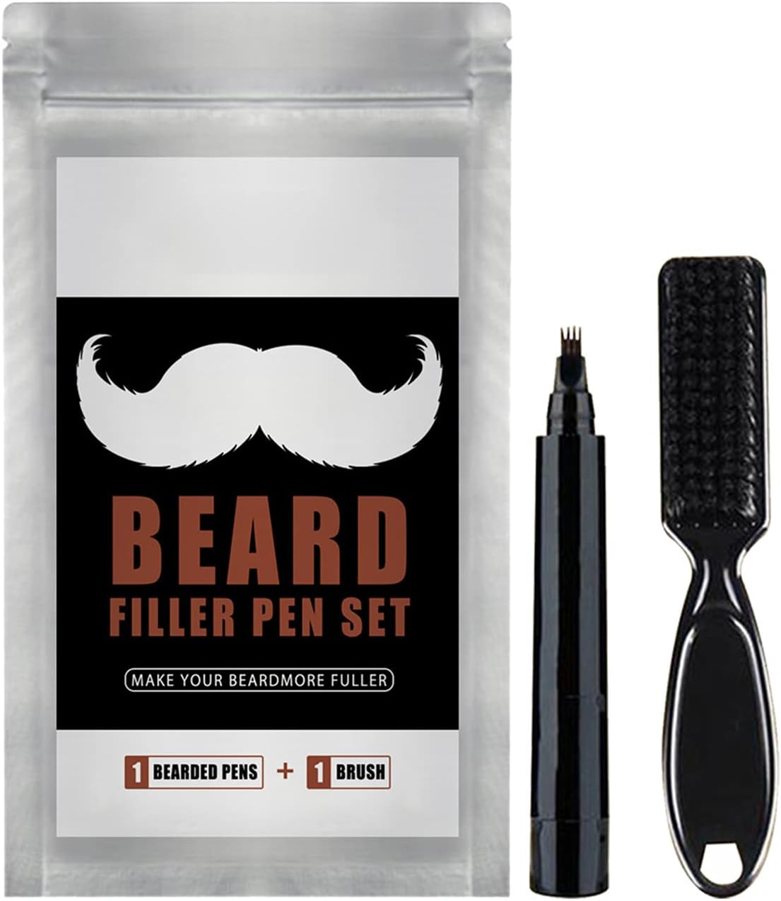 Brussel 1 Set Beard Filling Pen Kit Natural 4 Tip Beard Pencil Filler with Beard Brush Water Sweat Proof Long Lasting Beard Pen Black