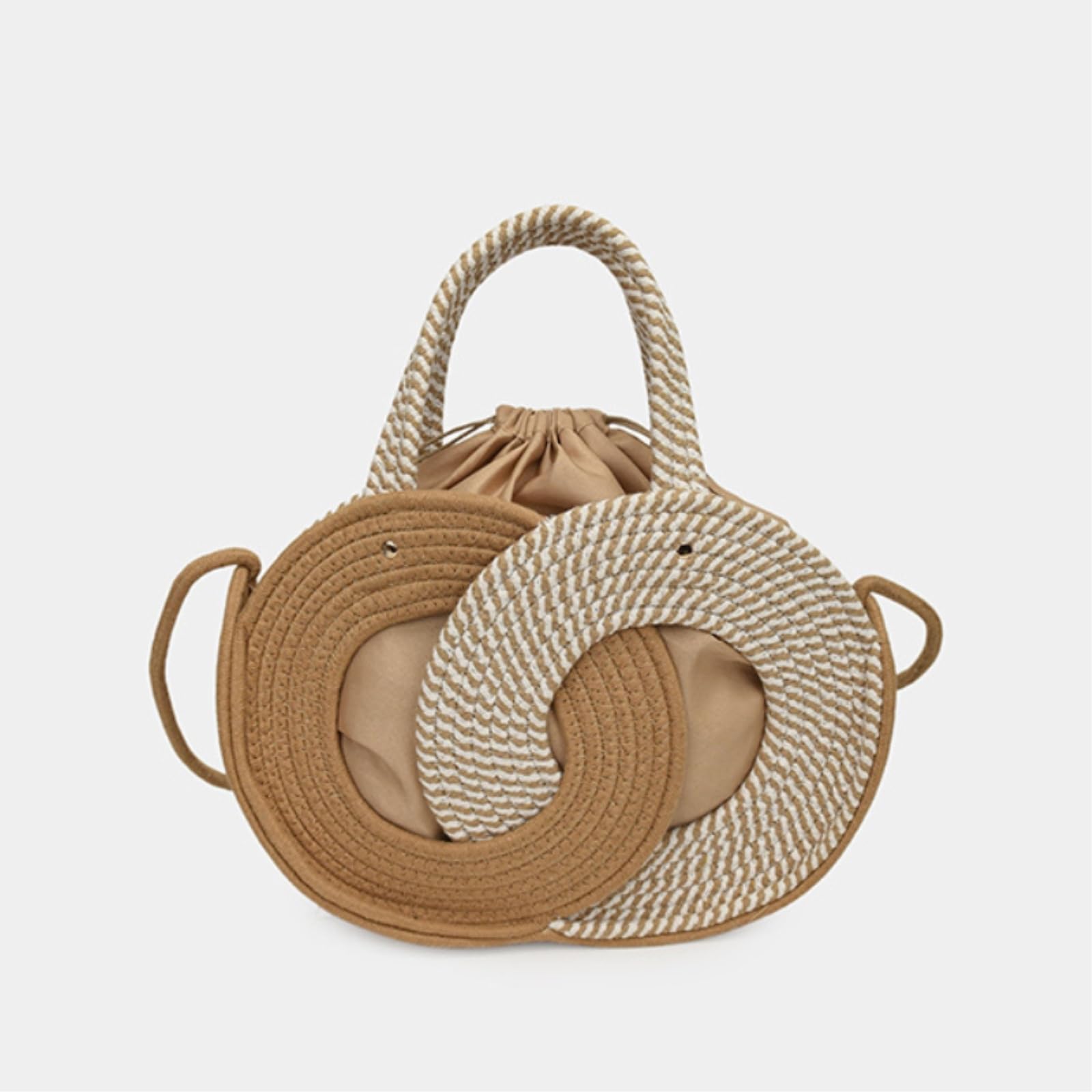 Borsa Spalla Paglia Rotondo Cavo Crossbody 2-Way Trasportare A Mano Tessuto Secchio Cordone Fodera Estate Mini Spalla-Khaki