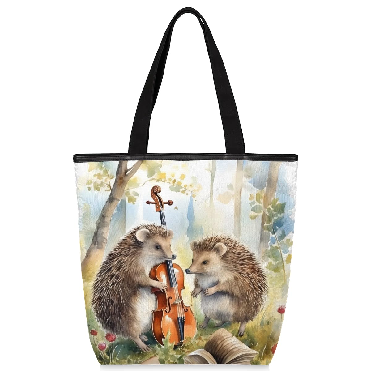 Mularoka Watercolor Hedgehogs Guitar Canvas Tote Bag with Zipper and Pockets Canvas Tote Shopping Bag Women Reusable Grocery Bag for Beach Travel Gym Shopping