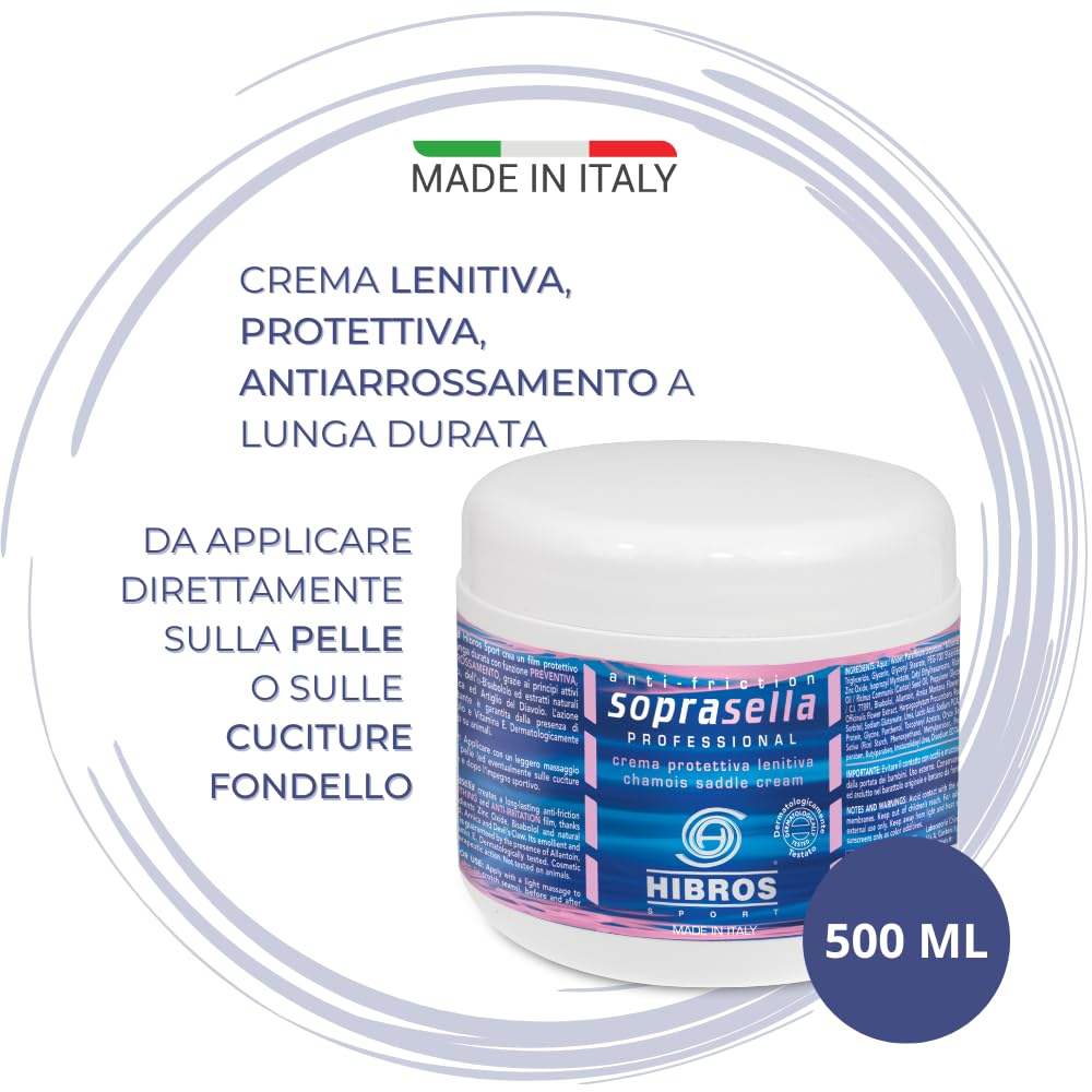 Hibros Crema Soprasella Lenitiva Idratante Protettiva Anti Sfregamento per Fondello Ciclismo Sottosella - Bici Corsa Sport Running 500 ml