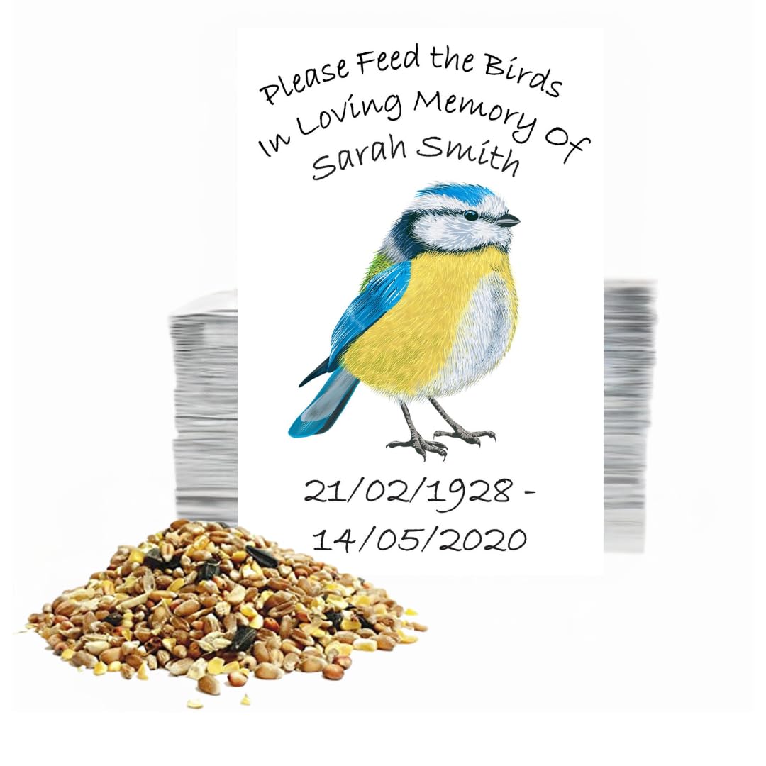 25 Personalised Memorial Bird Seed Packets for Funeral Guests • Feed the Birds Remembrance Favours • Celebration of Life Keepsake • Blue Tit Design — image 1