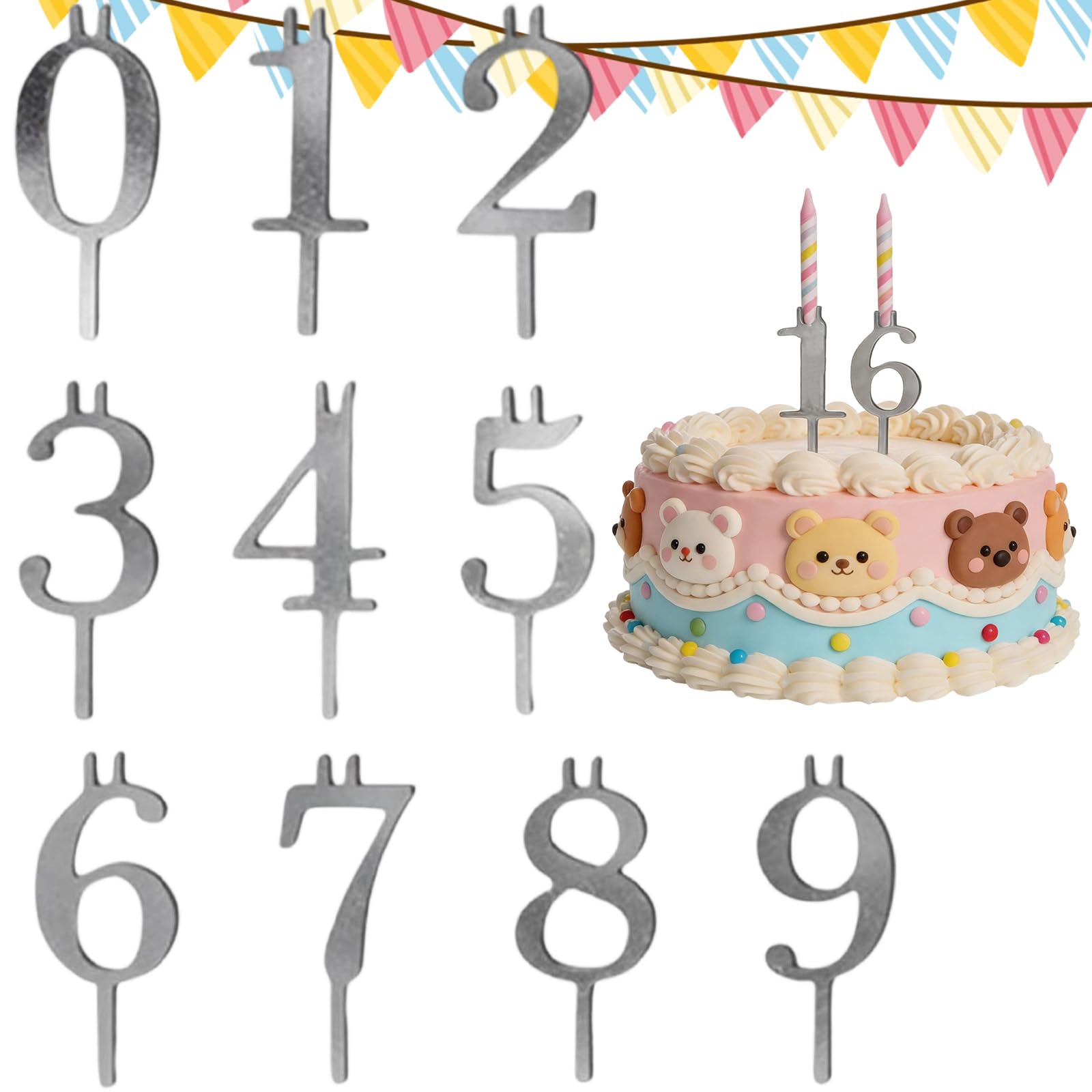 Digital Birthday Cake Candle Holder Set, Reusable Metal Number Candle Holders Set, Silver Digital Style Number Candles for Birthdays, Anniversaries Celebration Wedding Parties Cake (1pc)