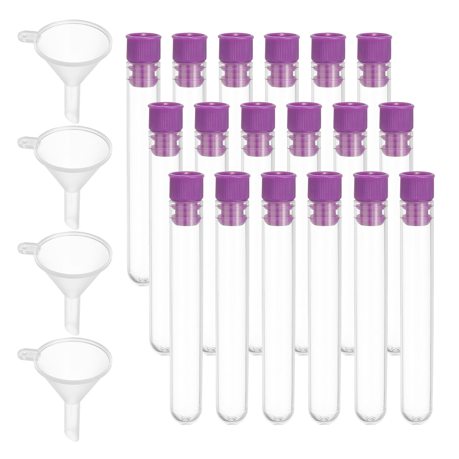 PATIKIL Juego de tubos de ensayo, 100 recipientes de plástico transparente de 75 x 12 mm con tapón y embudo para fiesta de cuentas, caramelos, baño, sal, almacenamiento de experimentos científicos