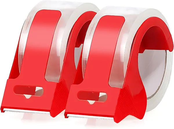 2 Rolls Clear Packing Tape with 2 refillable Dispenser, Heavy Duty Packaging Tape 1.88 Inches x 55 Yards, Strong Adhesive Packaging Tape for Moving Boxes, Shipping, Mailing, Office and Storage
