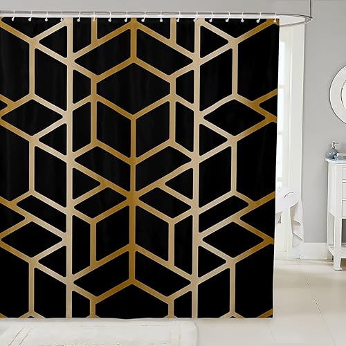 Erosebridal Cortina de ducha geométrica con patrón de rayas negras y doradas, juego de cortina de ducha para niños, niñas y adultos, 72 pulgadas de