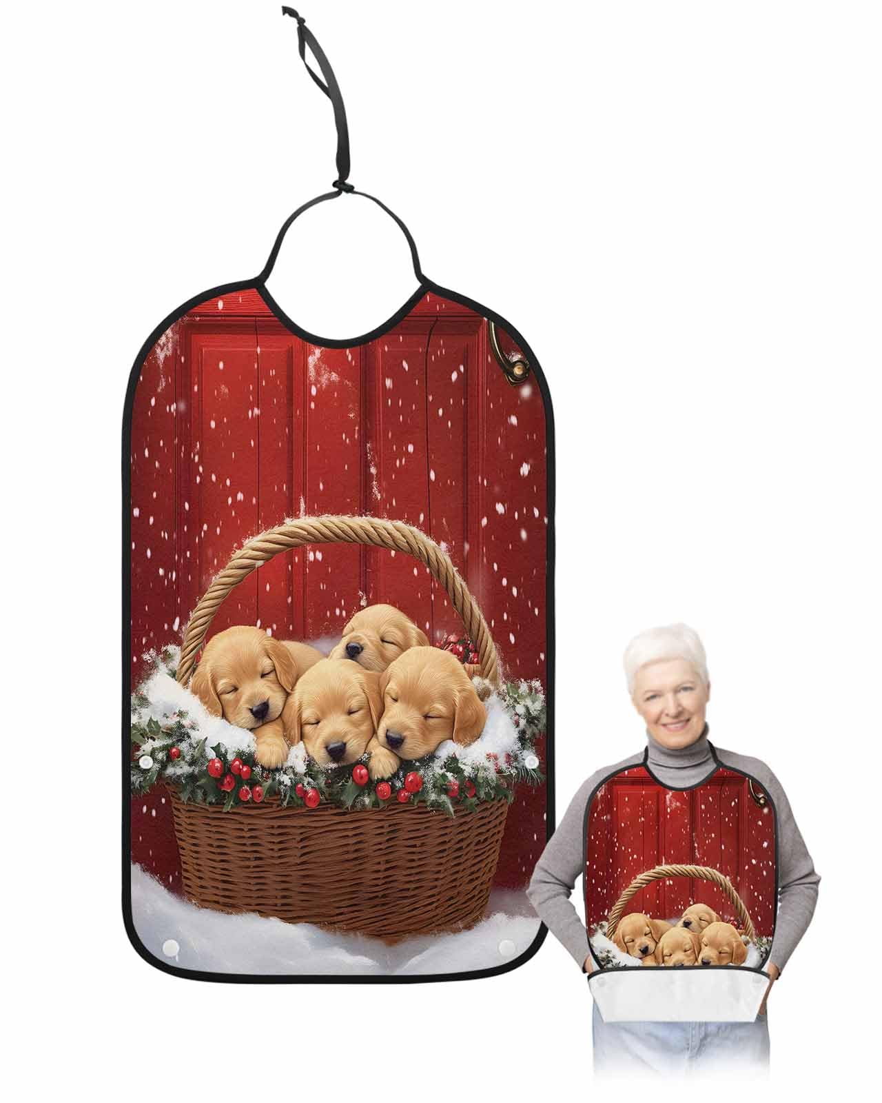 Onekaccu Christmas Adult Bibs for Elderly Women Men Washable Bibs for Eating, Winter Funny Cute Dog Puppy Berry Red Xmas Waterproof Clothing Protectors Adult Bibs with Crumb Catcher